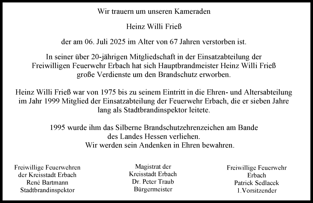  Traueranzeige für Heinz Willi Friel vom 12.07.2025 aus Odenwälder Echo