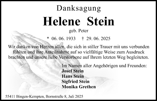 Traueranzeige von Helene Stein von Allgemeine Zeitung Rheinhessen-Nahe