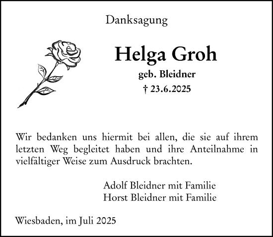 Traueranzeige von Helga Groh von Wiesbadener Kurier