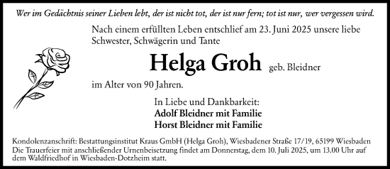 Traueranzeige von Helga Groh von Wiesbadener Kurier