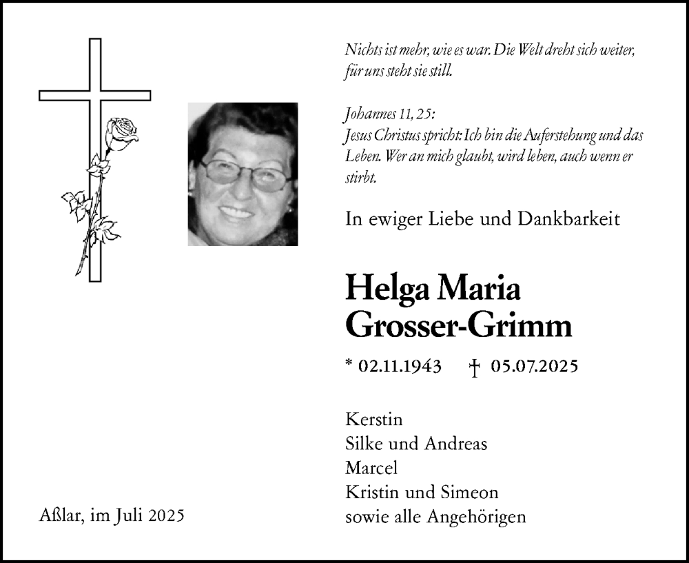  Traueranzeige für Helga Maria Grosser-Grimm vom 12.07.2025 aus Wetzlarer Neue Zeitung