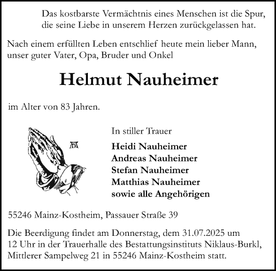 Traueranzeige von Helmut Nauheimer von Allgemeine Zeitung Mainz