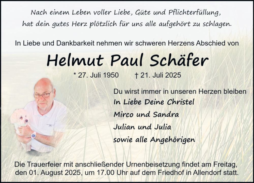  Traueranzeige für Helmut Paul Schäfer vom 26.07.2025 aus Weilburger Tageblatt