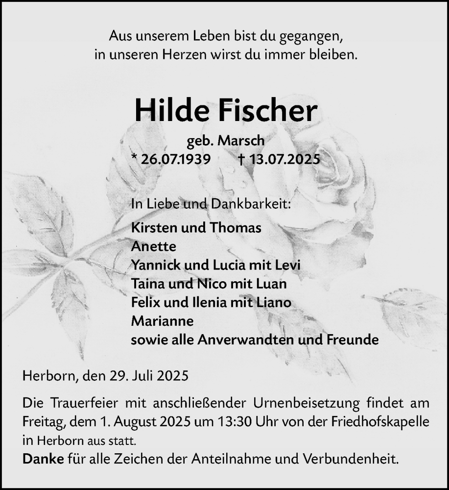  Traueranzeige für Hilde Fischer vom 29.07.2025 aus Dill Block
