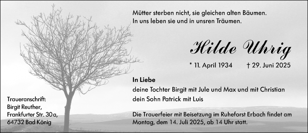  Traueranzeige für Hilde Uhrig vom 05.07.2025 aus Odenwälder Echo