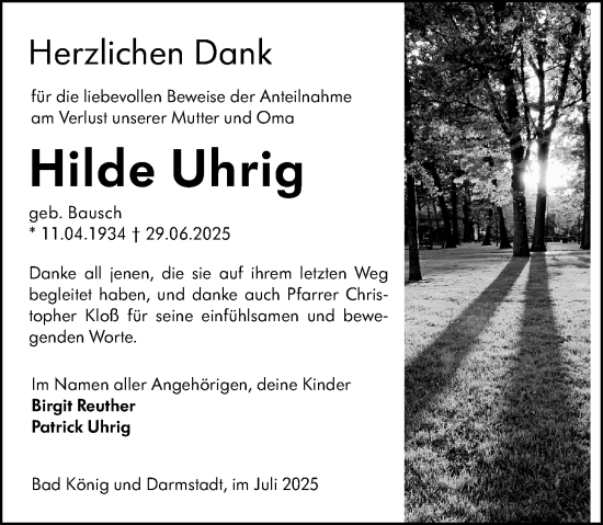 Traueranzeige von Hilde Uhrig von Odenwälder Echo