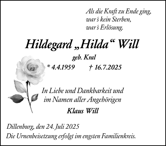 Traueranzeige von Hildegard Will von Dill Block