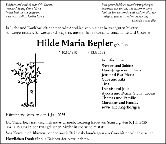 Traueranzeige von Hilde Maria Bepler von Wetzlarer Neue Zeitung