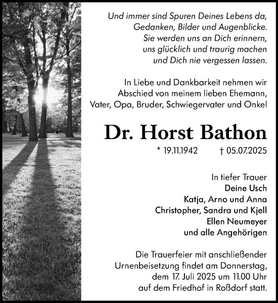 Traueranzeige von Horst Bathon von Darmstädter Echo