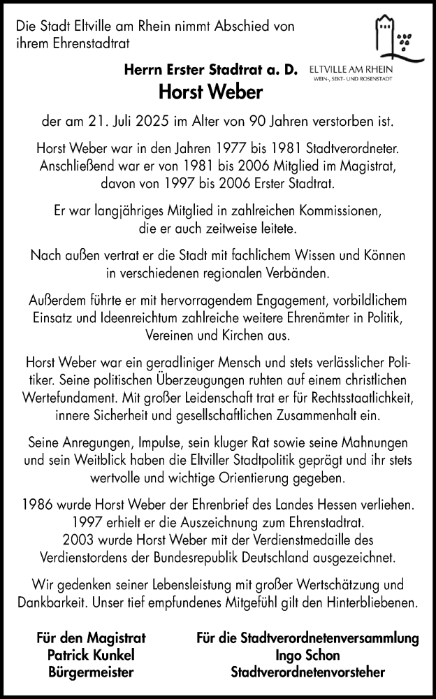  Traueranzeige für Horst Weber vom 31.07.2025 aus Rheingau Kurier
