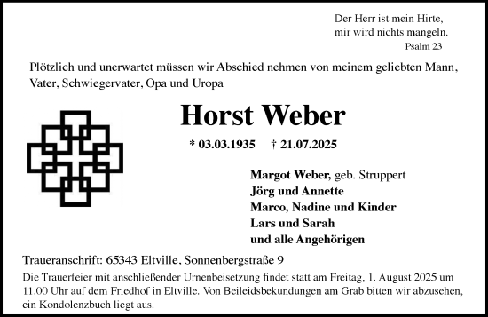 Traueranzeige von Horst Weber von Rheingau Kurier