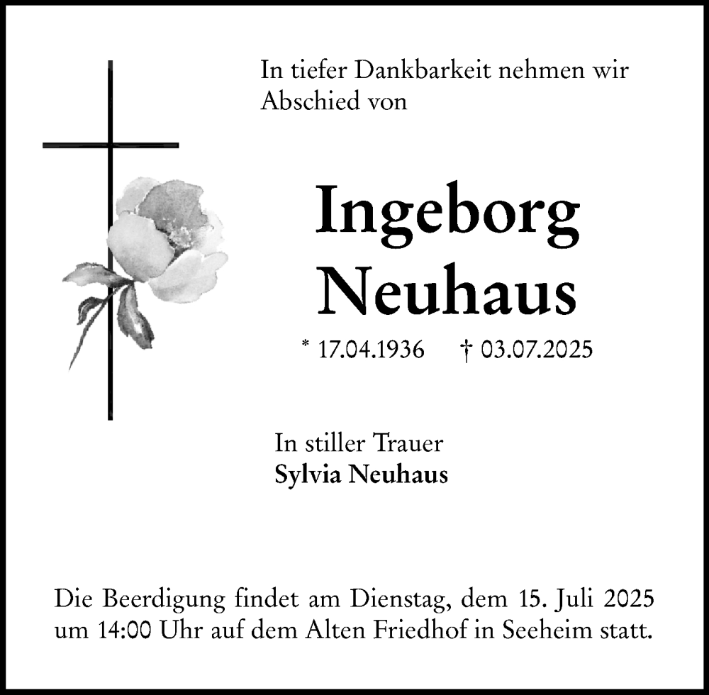  Traueranzeige für Ingeborg Neuhaus vom 12.07.2025 aus Darmstädter Echo