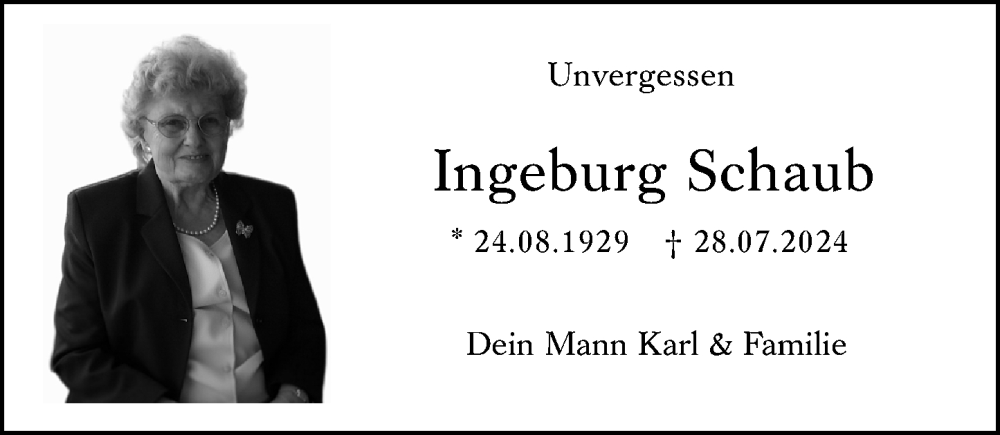  Traueranzeige für Ingeburg Schaub vom 26.07.2025 aus Allgemeine Zeitung Mainz