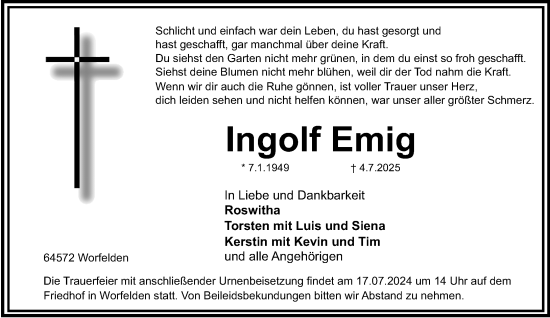 Traueranzeige von Ingolf Emig von Groß-Gerauer Echo