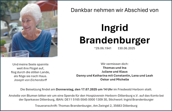 Traueranzeige von Ingrid Brandenburger von Dill Block