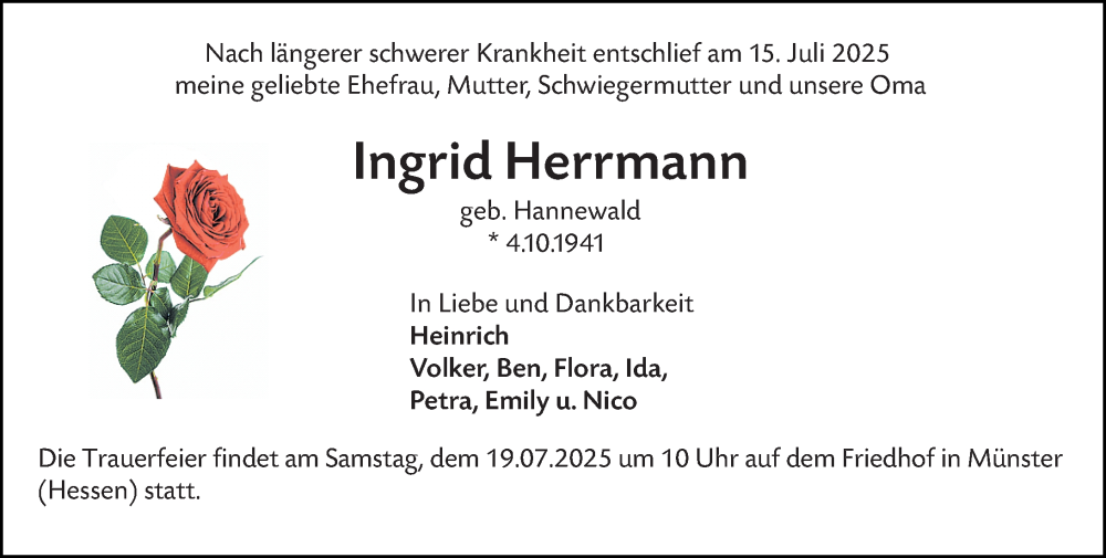  Traueranzeige für Ingrid Herrmann vom 17.07.2025 aus Rüsselsheimer Echo