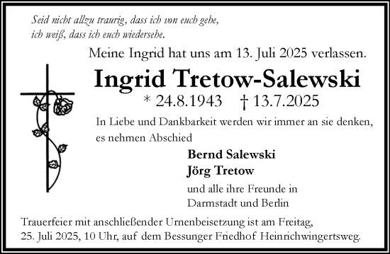 Traueranzeige von Ingrid Tretow-Salewski von Darmstädter Echo