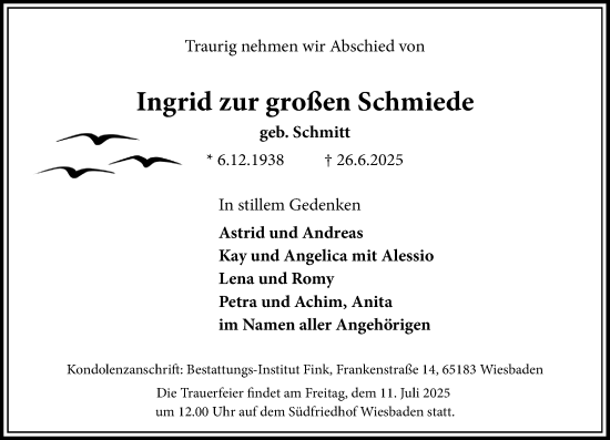 Traueranzeige von Ingrid zur großen Schmiede von Wiesbadener Kurier