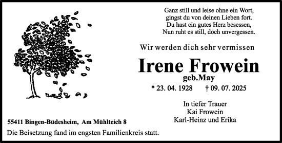 Traueranzeige von Irene Frowein von Allgemeine Zeitung Rheinhessen-Nahe