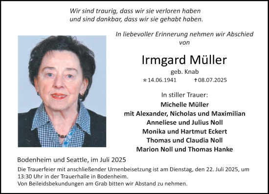 Traueranzeige von Irmgard Müller von Allgemeine Zeitung Mainz