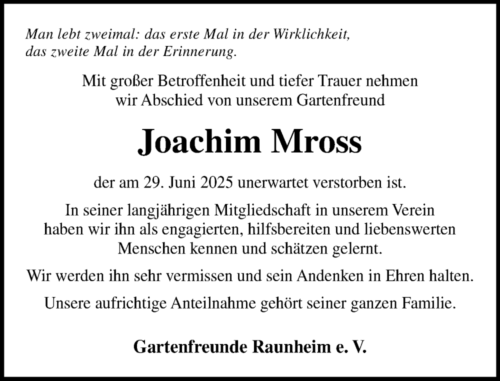  Traueranzeige für Joachim Mross vom 11.07.2025 aus Rüsselsheimer Echo