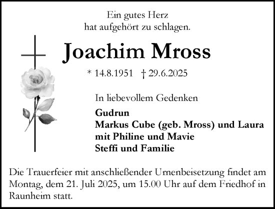 Traueranzeige von Joachim Mross von Rüsselsheimer Echo