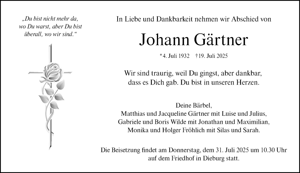  Traueranzeige für Johann Gärtner vom 26.07.2025 aus Dieburger Anzeiger/Groß-Zimmerner Lokal-Anzeiger