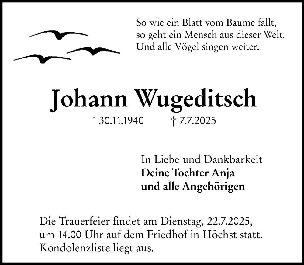 Traueranzeige für Johann Wugeditsch vom 19.07.2025 aus Odenwälder Echo