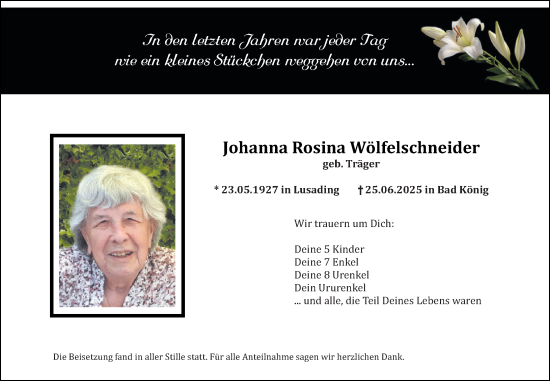 Traueranzeige von Johanna Rosina Wölfelschneider von Odenwälder Echo