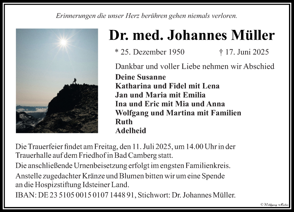  Traueranzeige für Johannes Müller vom 03.07.2025 aus Camberger Anzeiger
