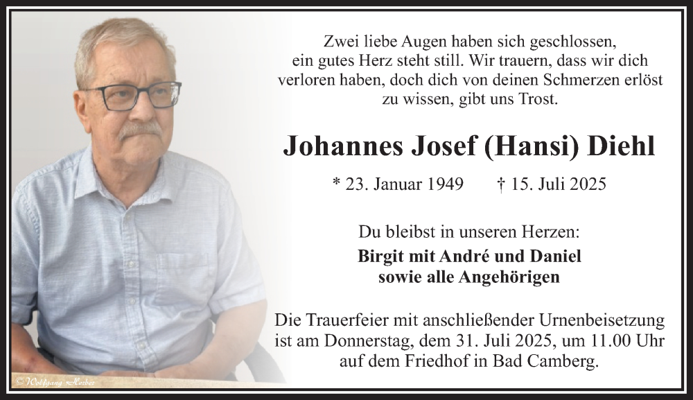  Traueranzeige für Johannes Josef Diehl vom 24.07.2025 aus Camberger Anzeiger