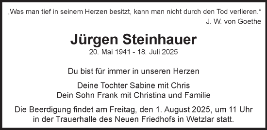 Traueranzeige von Jürgen Steinhauer von Wetzlarer Neue Zeitung