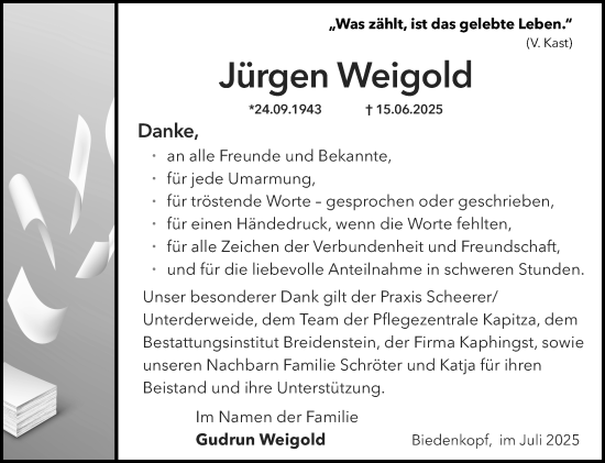 Traueranzeige von Jürgen Weigold von Hinterländer Anzeiger