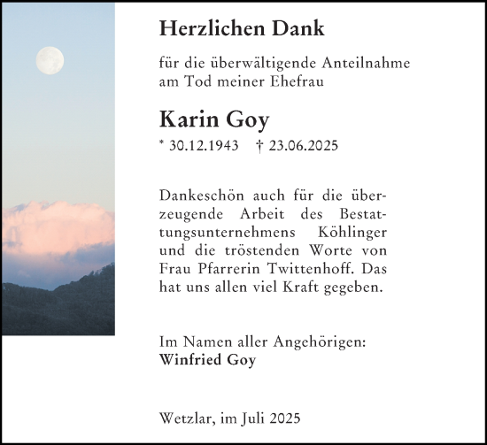 Traueranzeige von Karin Goy von Wetzlarer Neue Zeitung