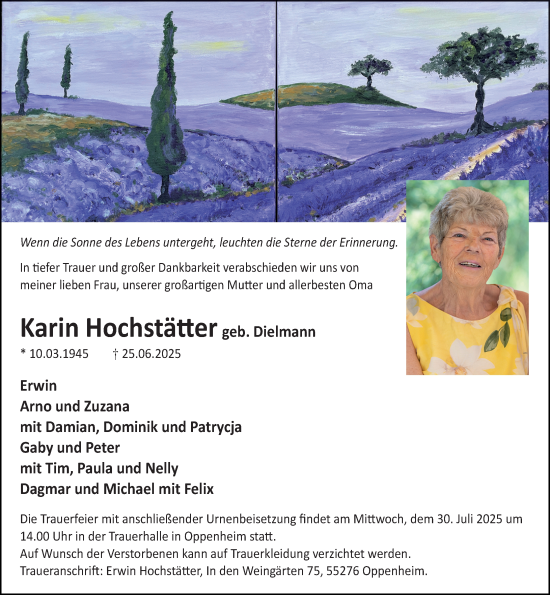 Traueranzeige von Karin Hochstätter von Allgemeine Zeitung Mainz