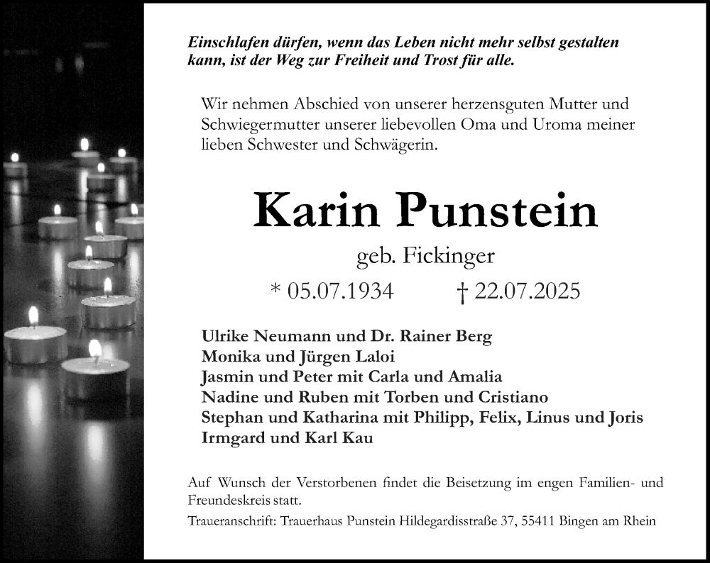  Traueranzeige für Karin Punstein vom 26.07.2025 aus Allgemeine Zeitung Rheinhessen-Nahe