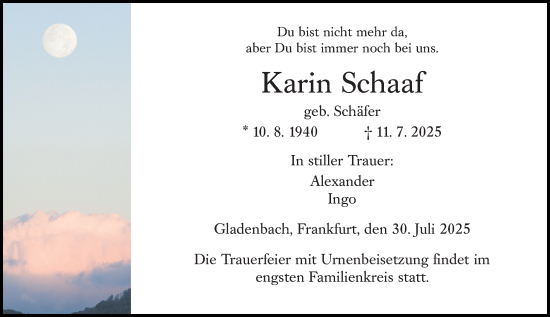 Traueranzeige von Karin Schaaf von Hinterländer Anzeiger