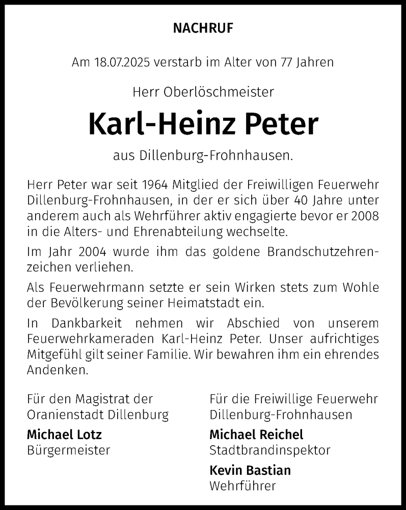  Traueranzeige für Karl-Heinz Peter vom 29.07.2025 aus Dill Block