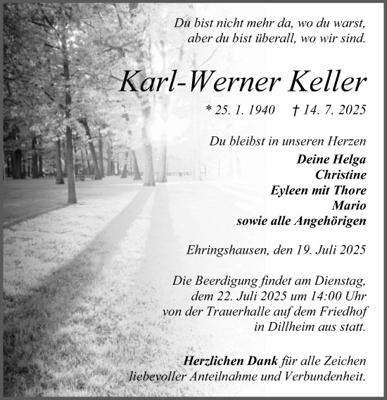 Traueranzeige von Karl-Werner Keller von Wetzlarer Neue Zeitung