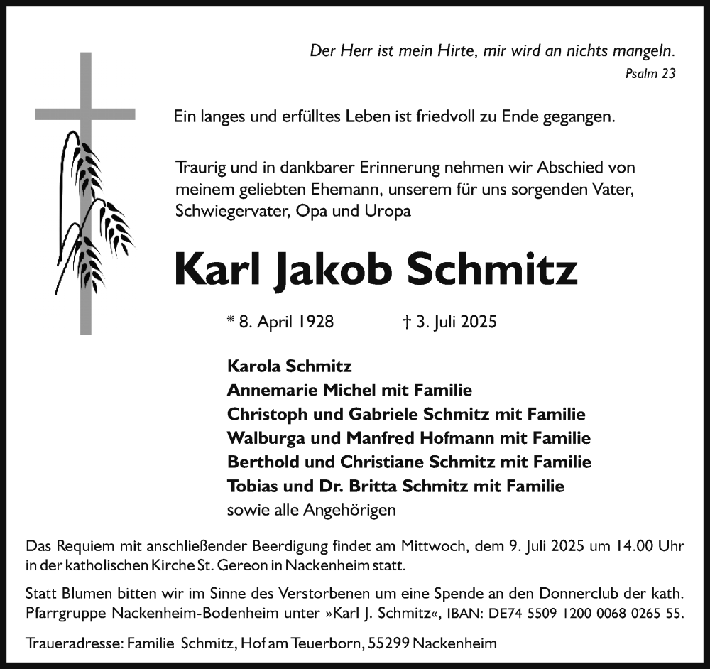  Traueranzeige für Karl Jakob Schmitz vom 08.07.2025 aus Allgemeine Zeitung Mainz