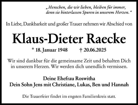 Traueranzeige von Klaus-Dieter Raecke von Wiesbadener Kurier