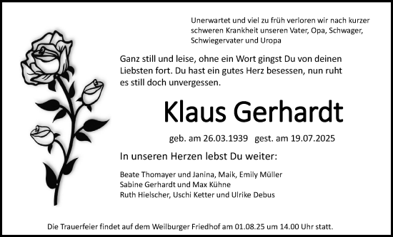 Traueranzeige von Klaus Gerhardt von Weilburger Tageblatt