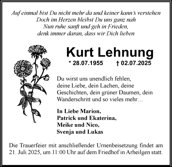 Traueranzeige von Kurt Lehnung von Darmstädter Echo