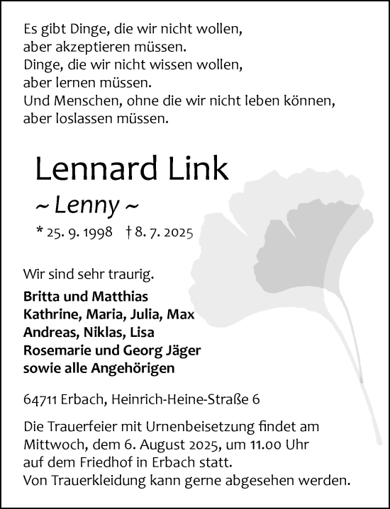 Traueranzeige von Lennard  Link von Odenwälder Echo