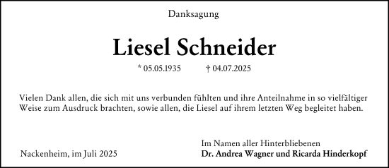 Traueranzeige von Liesel Schneider von Allgemeine Zeitung Mainz