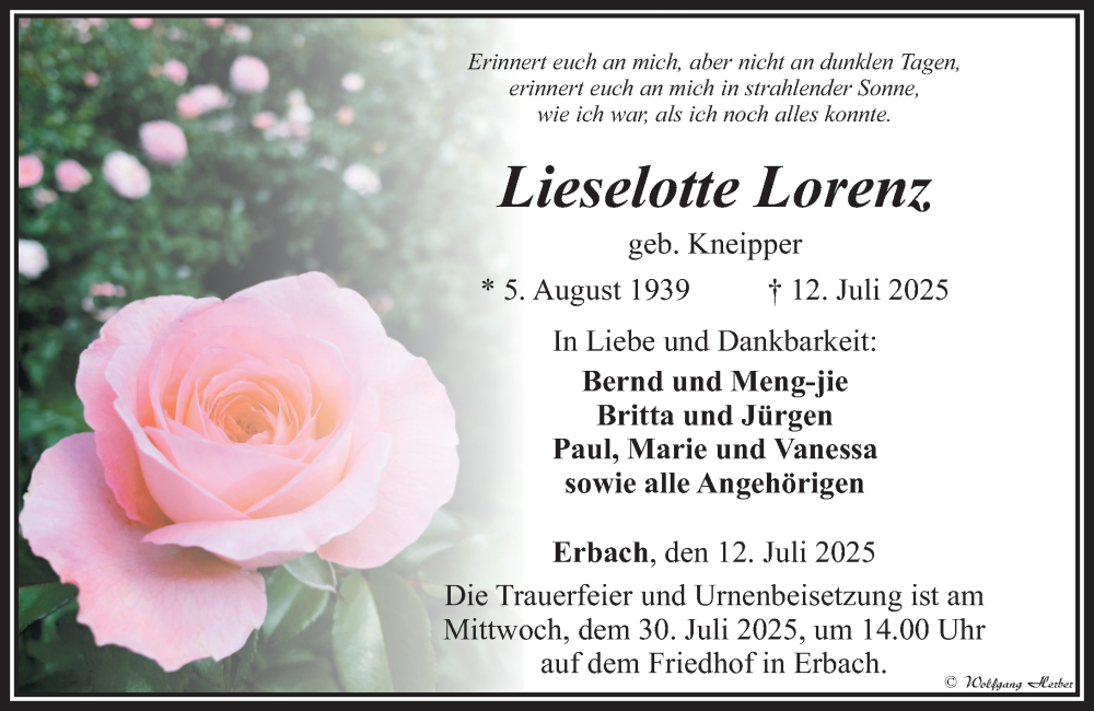  Traueranzeige für Lieselotte Lorenz vom 24.07.2025 aus Camberger Anzeiger