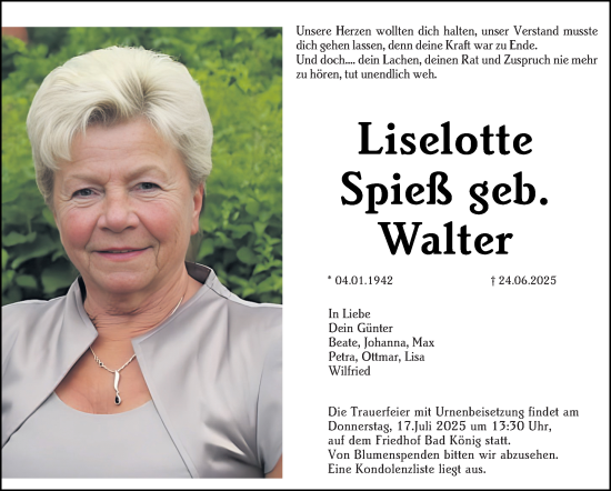 Traueranzeige von Liselotte Spieß von Odenwälder Echo