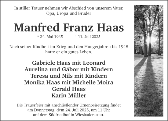 Traueranzeige von Manfred Haas von Wiesbadener Kurier