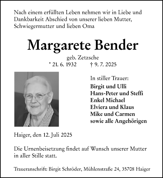 Traueranzeige von Margarete Bender von Dill Block
