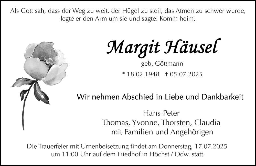  Traueranzeige für Margit Häusel vom 12.07.2025 aus Odenwälder Echo